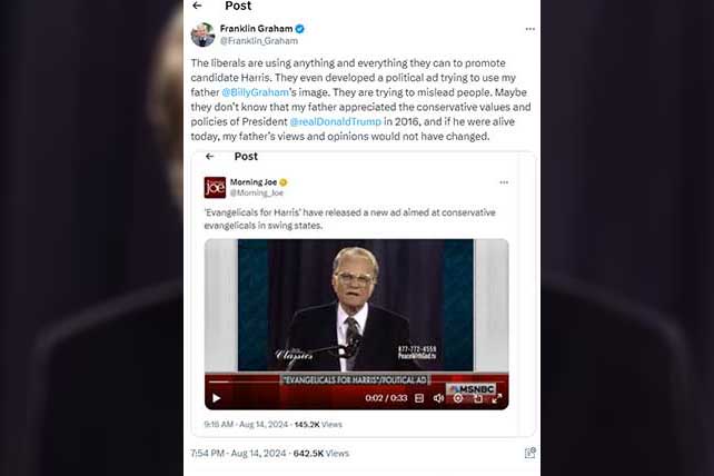 Franklin Graham Blasts Evangelicals for Harris for Using Billy Graham in Attack Ad Against Donald Trump