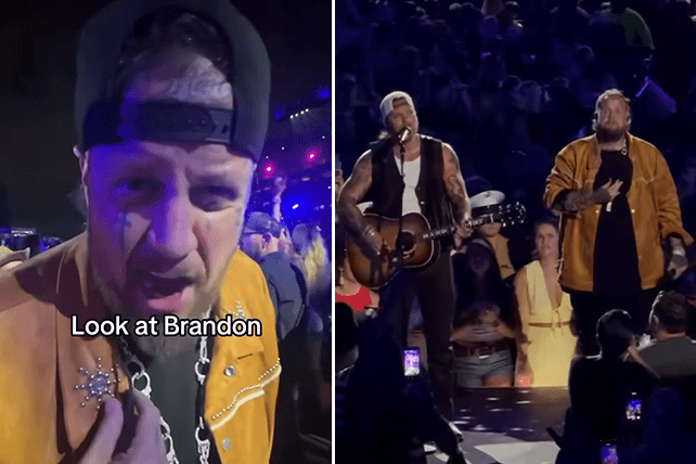 Jelly Roll prays with Brandon Lake
